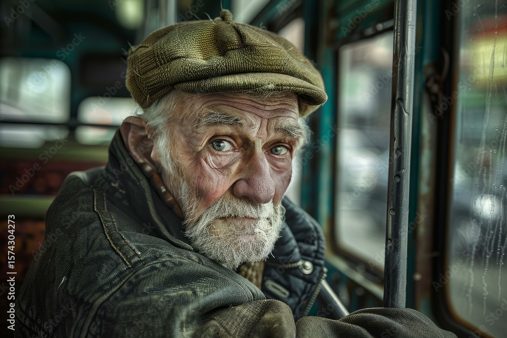 Senior man traveling on a bus looking pensive while holding the railing Senior man traveling on a bus looking pensive while holding the railing