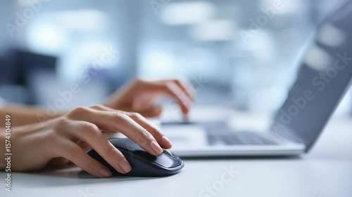 Hands Typing on Laptop and Using Mouse in Office Environment with Blurred Background