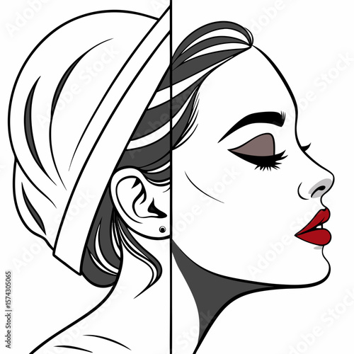 Modern vector portrait of a woman’s face split in half: one natural and one with full glam makeup, including red lips and winged eyeliner