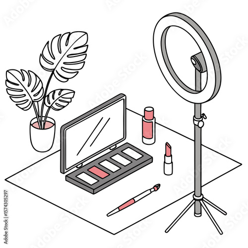 Vector scene of a beauty blogger’s workspace with ring light, mirror, makeup items like setting spray, lipstick, and eye palette
