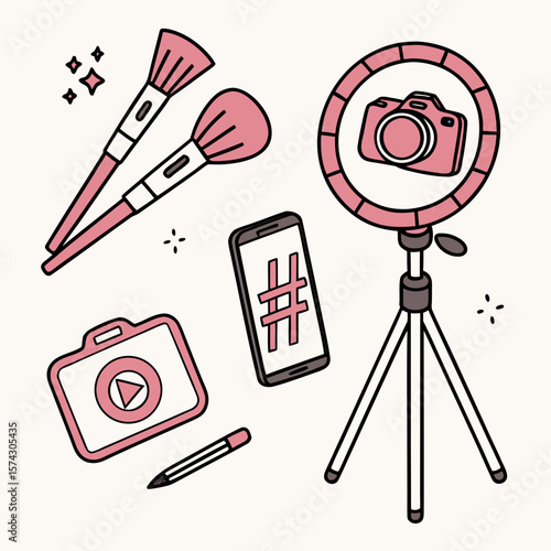 vector illustration of a set of makeup brush and social icons