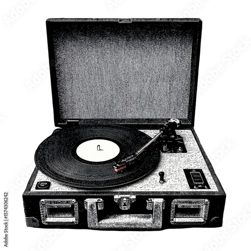 Vintage Record Player In Retro Illustration. Nostalgic Music Listening Device Isolated On Transparent Background
