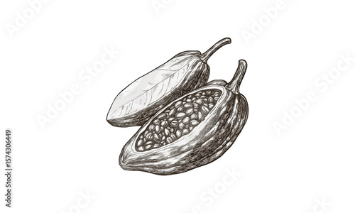 Vintage cacao pod engraving, hand-drawn antique sketch style, retro black ink food artwork, trendy chocolate ingredient decor, old engraving style, natural cacao design, botanical print