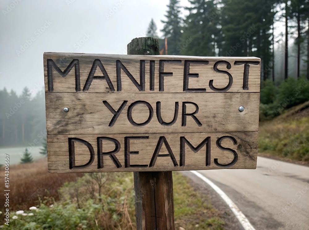 Obraz premium manifest your dreams text quote on wooden signpost, wooden blocks,urban landmarks