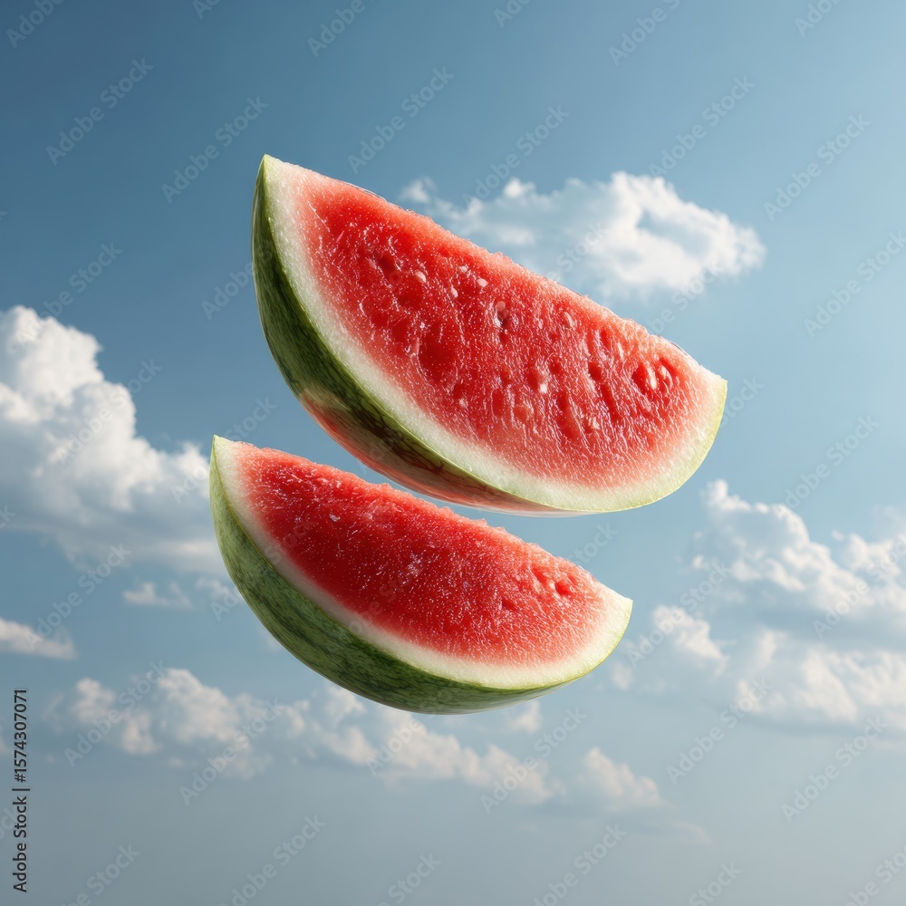 Two Slices of Vibrant Watermelon Floating in a Tranquil Blue Cloudy Sky Capturing Summer Sweetness Two Slices of Vibrant Watermelon Floating in a Tranquil Blue Cloudy Sky Capturing Summer Sweetness