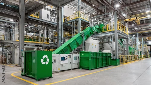 Industrial Recycling Machinery: The photo captures a detailed view of industrial recycling machinery, with conveying belts and storage bins. The scene evokes efficiency, sustainability.