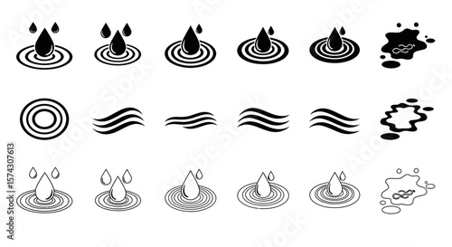 Water drop ripple art : Minimalist illustration of water droplet effect with ripples, lines and shape isolated, perfect for design elements, icons, and related concepts.