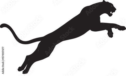 Black panther leaping with mouth open silhouette jumping