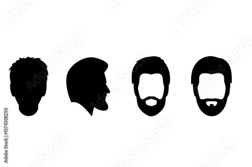Male Hairstyles and Beards Vector Set in Silhouette Style – Short, Medium, Long Haircuts with Beard Types on White Background

