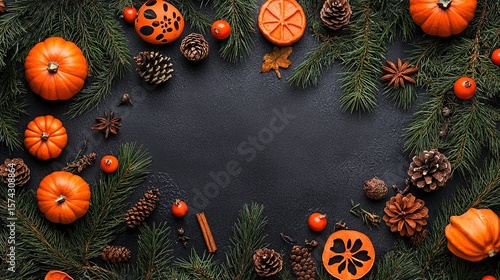 Autumnal frame, pumpkins, pine, dark background, holiday card