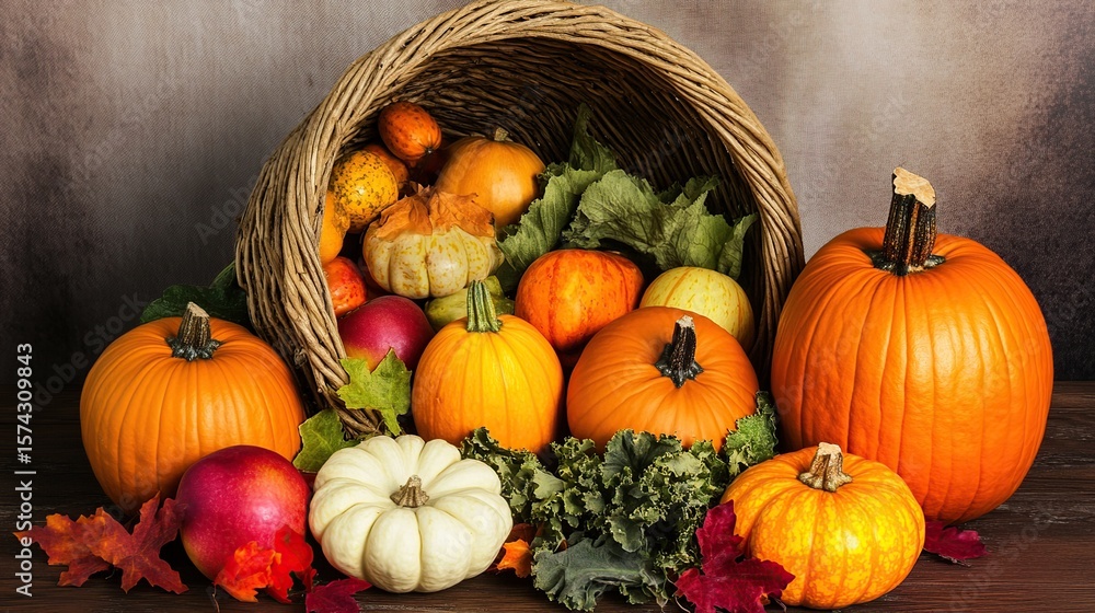 Autumn harvest cornucopia overflowing pumpkins, gourds, apples, fall leaves on wood Autumn harvest cornucopia overflowing pumpkins, gourds, apples, fall leaves on wood