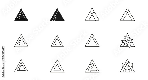 Geometric Triangle variations: Minimalist geometric triangle variations in a cohesive set, perfect for design elements and symbolic representation. Versatile visual resource.