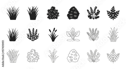 Plant and bush collection: A meticulously designed collection of plants and bushes, meticulously crafted in high-contrast silhouettes. It's an artful ensemble suitable for various uses.