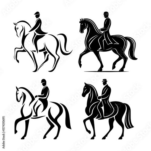 Dressage Riders and Horses – Black and White Equestrian Vector Set