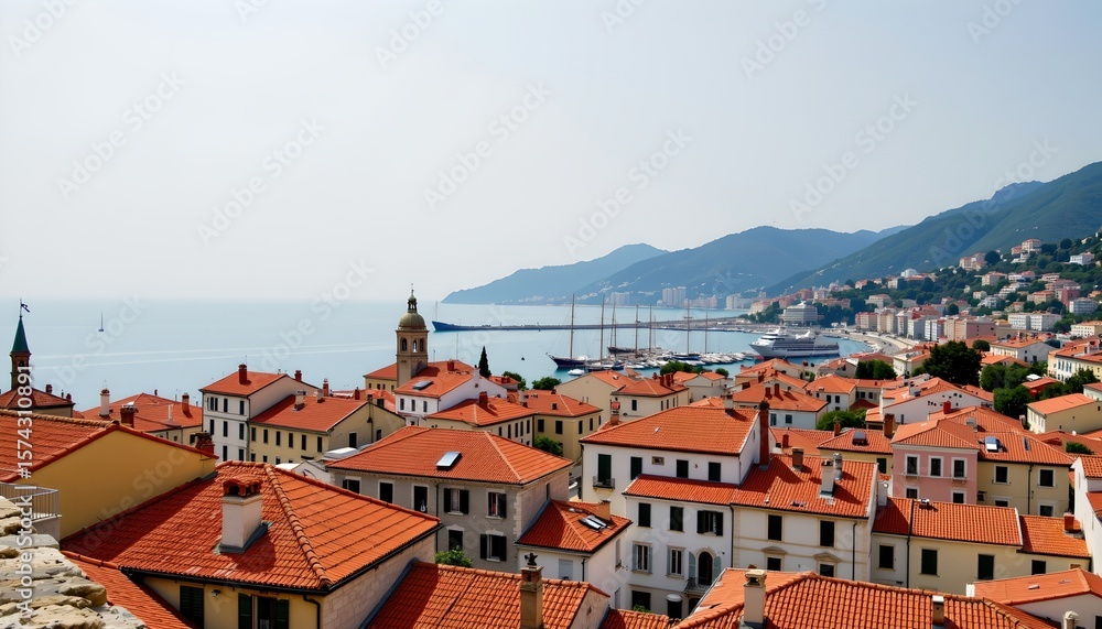 Obraz premium a charming mediterranean coastal town with a picturesque view of the ocean. the architecture is characterized by buildings with terracotta roofs, which lend a warm hue to the scene
