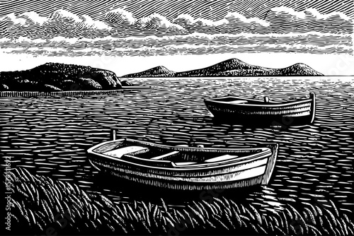 Mediterranean sea with fishing boats, distant islands, and clear sky drawn in minimalist black and white line art illustration style ideal for peaceful marine-themed design
