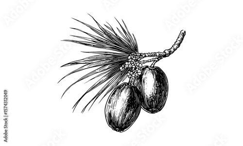 Hand-drawn vintage date palm fruit sketch, botanical engraving, retro tropical art, black ink drawing, old style illustration, trendy healthy food decor, tropical harvest design