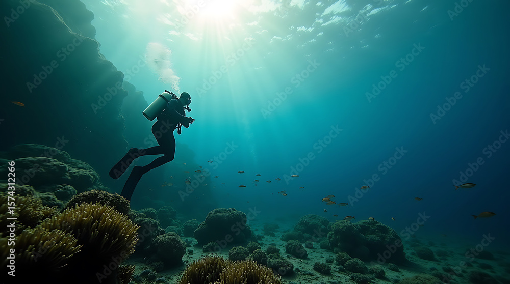 custom made wallpaper toronto digitalSilhouette of a diver exploring a vibrant coral reef with sun rays filtering through the water