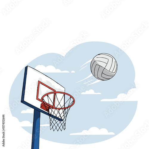 Netball hoop with ball in flight against blue sky. Flat vector image on transparent background