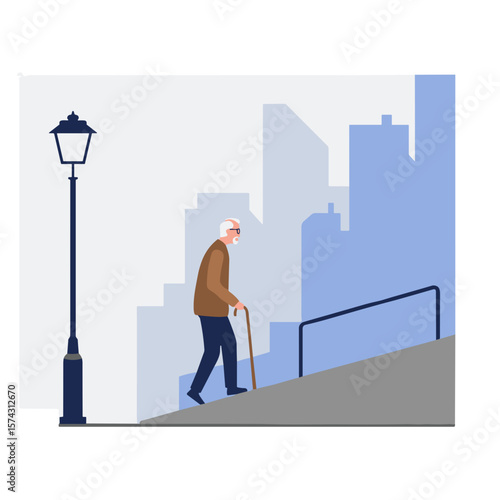 Elderly man walking up the ramp with a cane in urban setting. Flat vector image on transparent background
