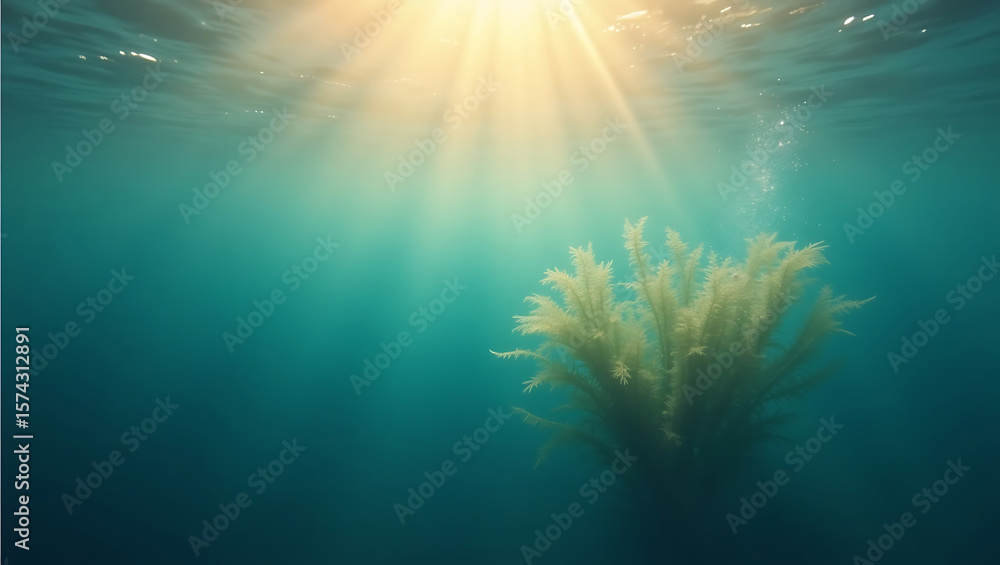 Fototapeta premium Sunlight streams through clear blue ocean water onto a solitary underwater plant