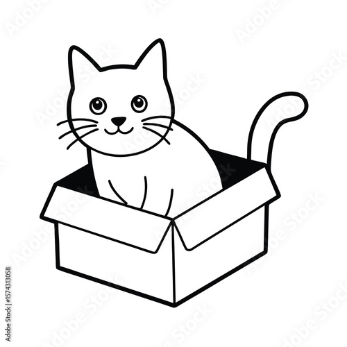 cute cartoon cat sitting in a box black and white