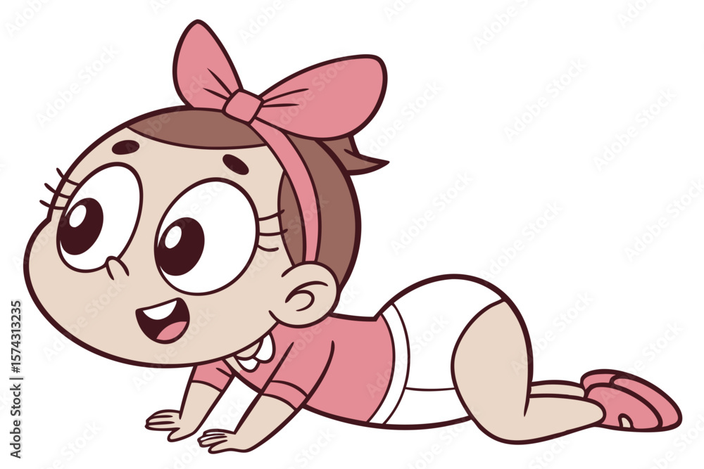 Obraz premium Vector cute Baby Girl cartoon character with a pink bow and a playful smile isolated on white background
