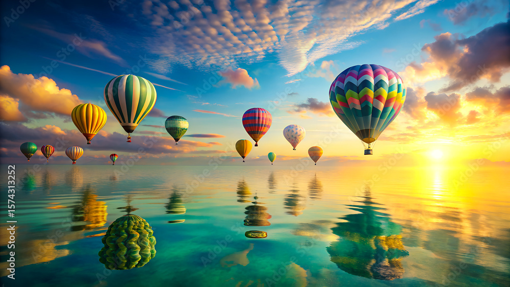 Fototapeta premium A colorful hot air balloons floating above a calm turquoise ocean at sunrise, soft golden light reflecting on the water, slight mist in the distance, dreamlike atmosphere, unique and unseen concept.