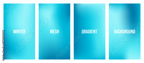 Set of vertical winter mesh gradient backgrounds in soft blue, icy white tones. Modern frosty texture cover. Aesthetic seasonal design wallpaper perfect for social media, branding.