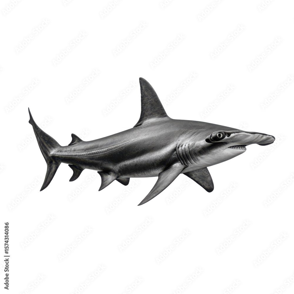 Fototapeta premium Hammerhead shark swimming in dark water marine life