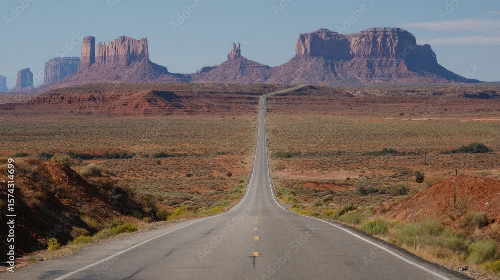Fototapeta premium Desert highway stretching to distant red rock formations