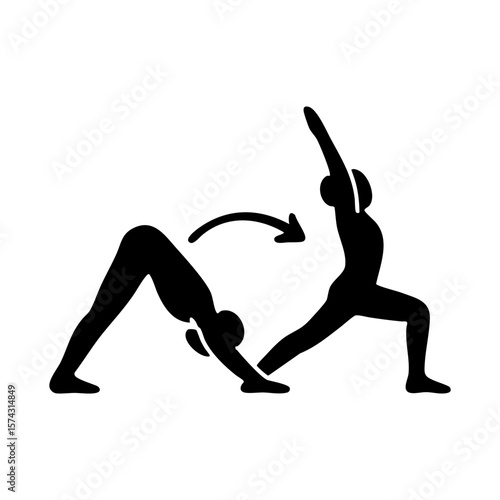 Yoga flow movement from downward dog to warrior one pose icon
