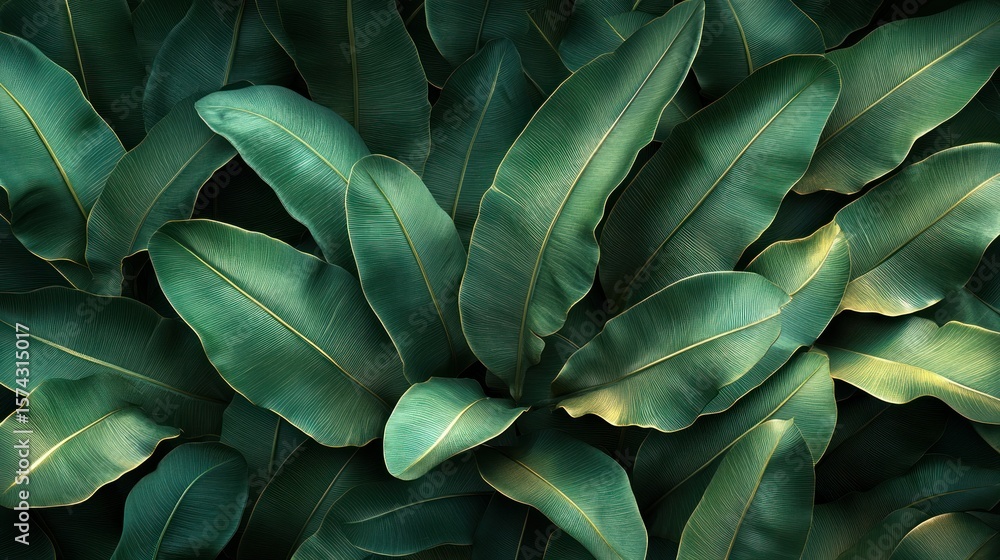 Fototapeta premium Lush, overlapping tropical leaves in deep greens and golds