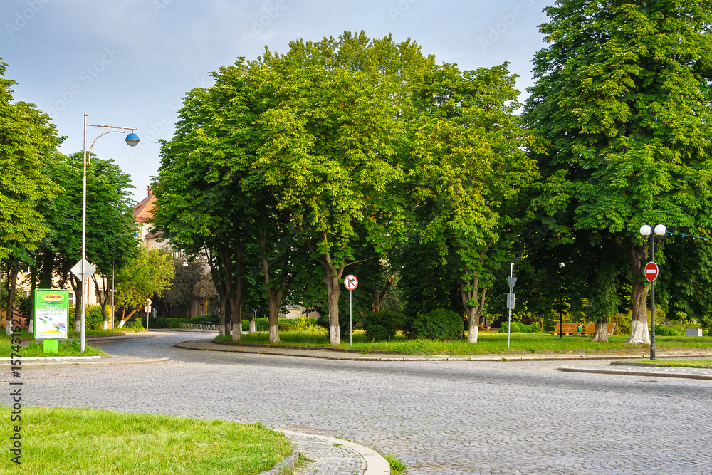 Obraz premium uzhhorod, ukraine - jun 03 2012: cobbled street of old town in summer. winding path through park near narodna square in morning light