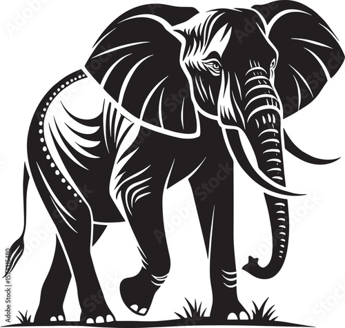 Stylized African elephant walking in grass animal wildlife