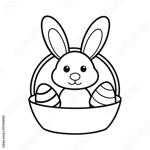 cute easter bunny in basket with eggs 