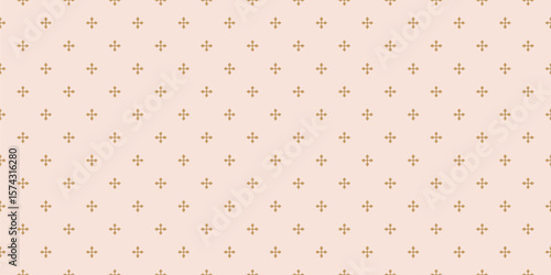 Subtle abstract seamless pattern. Pink and gold vector texture with small flower silhouettes, tiny crosses. Minimal floral geometric background. Luxury golden repeated design for decor, gift paper