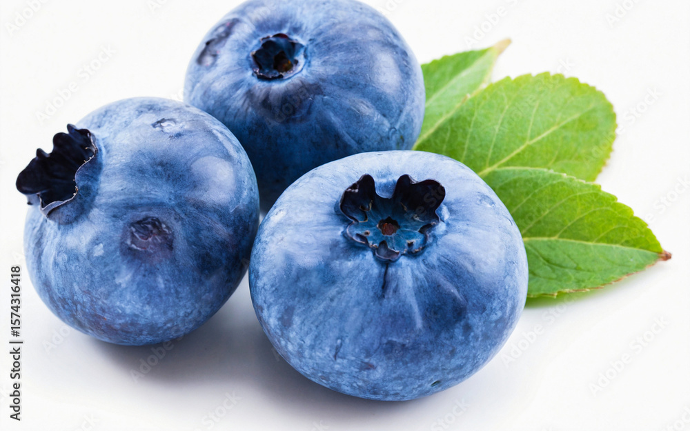 Obraz premium Fresh Organic Blueberries with Green Leaves