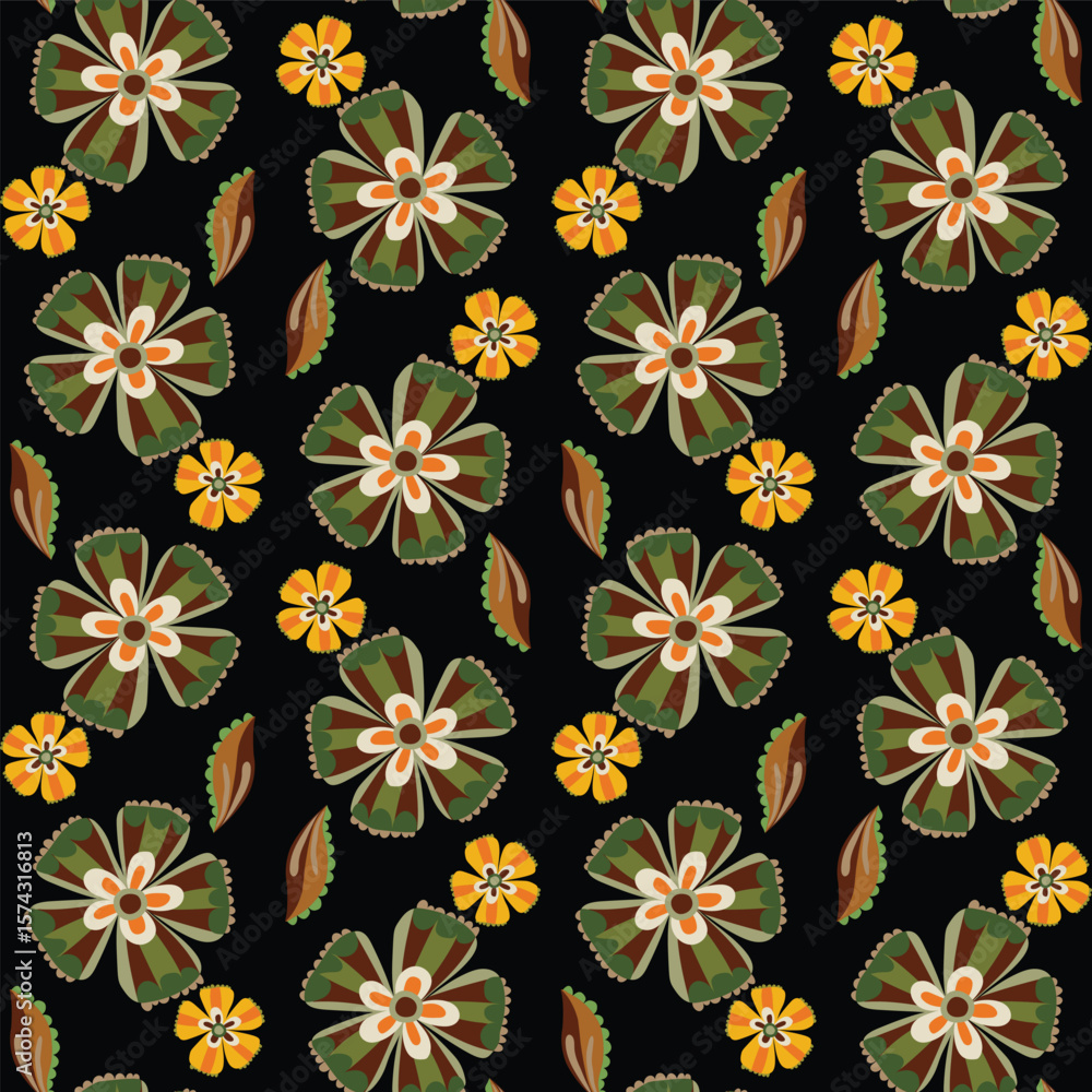 Fototapeta premium Seamless floral pattern with meadow, small flowers, herbs, leaves in retro style on a dark background.