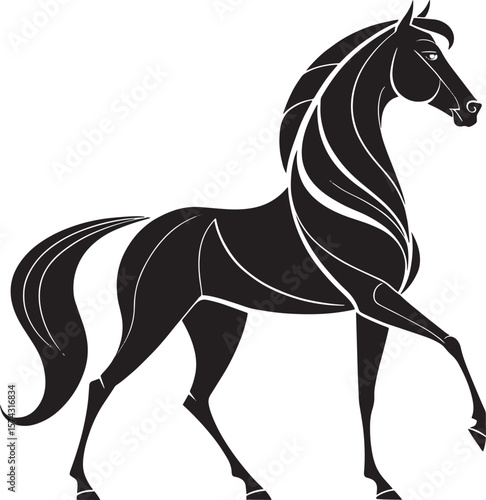 Stylized black horse prancing white