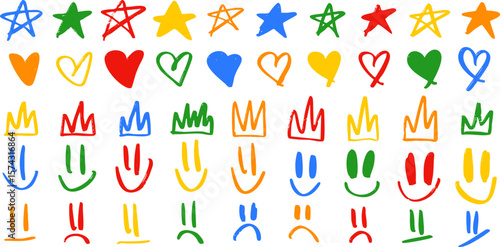Colorful hand-drawn doodles including stars, hearts, crowns, happy and sad faces. Fun and playful design for kids, stickers, or creative digital projects. Vector EPS 10