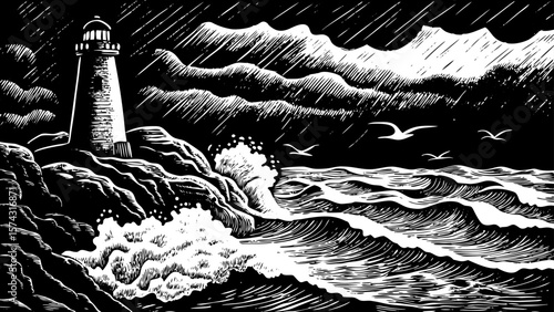 stormy Atlantic Ocean scene with crashing waves, thunderclouds, seagulls, and a lighthouse, shown in dramatic black and white line art illustration suitable for adventure or nature projects