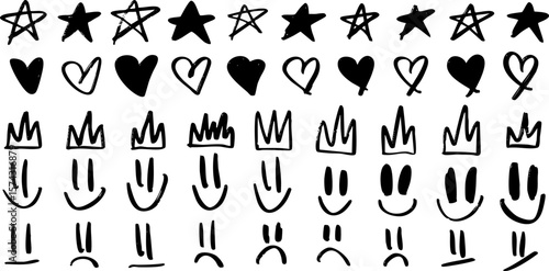 Set of playful hand-drawn icons: stars, hearts, crowns, smiley faces, and sad faces. Ideal for creative design, decoration, or informal presentations. Vector EPS 10