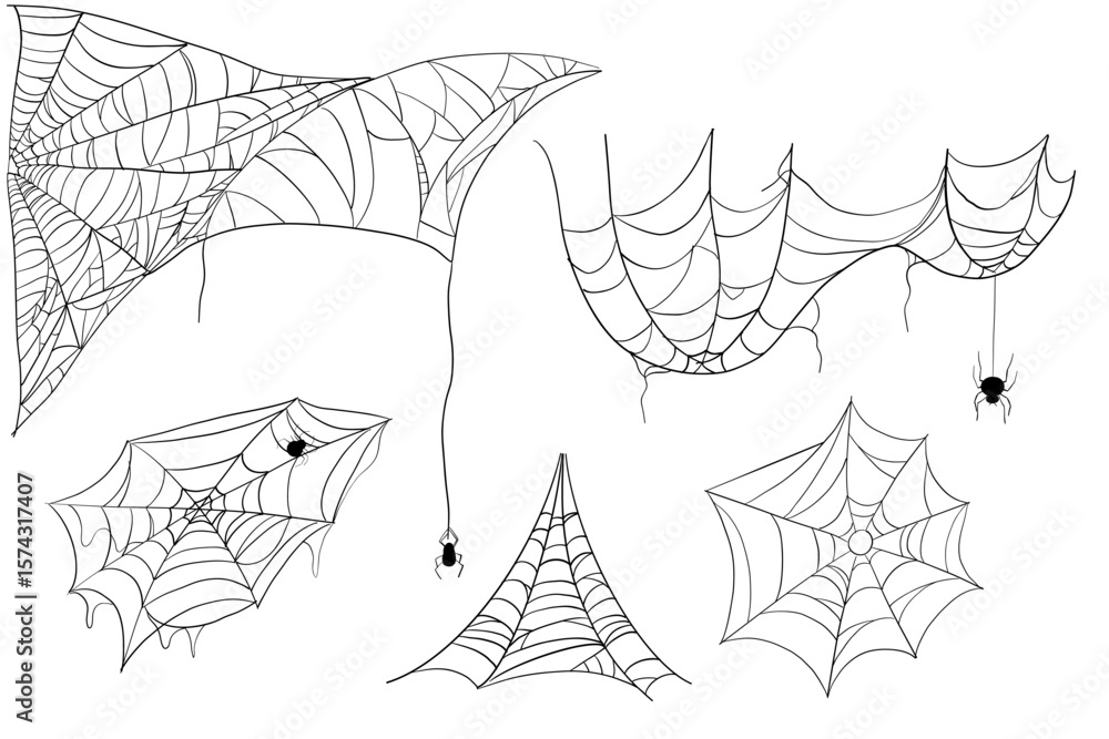 Obraz premium Spiderweb corner line border, gothic scary hanging net frame. Simple spooky halloween decoration. Cobweb spider trap.