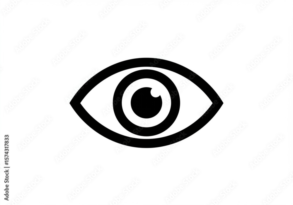 Simple black and white graphic icon of an open eye with a pupil and iris Simple black and white graphic icon of an open eye with a pupil and iris