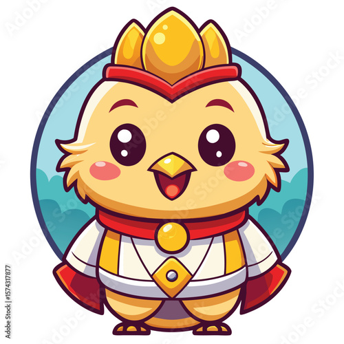 Cute, cartoonish chicken wearing a crown and regal attire.  Circular frame with teal background