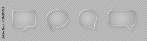 Set of realistic glossy glass speech bubbles in liquid glass style isolated on light background. Vector 3d illustration.