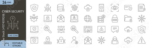 Cyber-security Editable Line Icons Set. Includes icons for protection, firewall, email security, cyber attack, and cloud service. Perfect for network safety, and Infographics . Editable stroke.