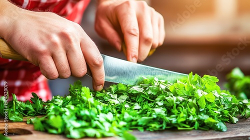 Wallpaper Mural Woman chopping parsley in kitchen, sunlight Torontodigital.ca