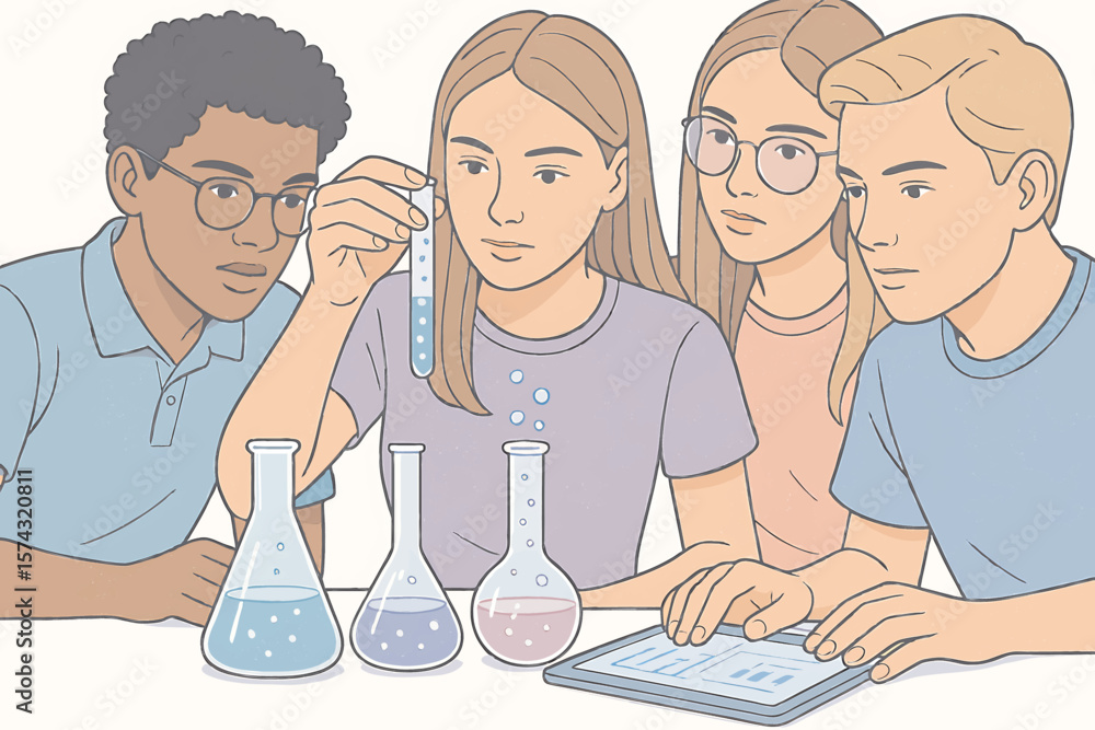 Fototapeta premium Students Conduct Science Experiment with Beakers Test Tubes and Tablet